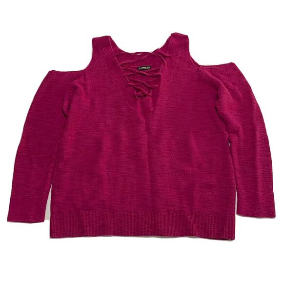 Express Sweater Top Medium Womens Pink Cold Shoulder Long Sleeve V Neck Knit - Picture 1 of 11